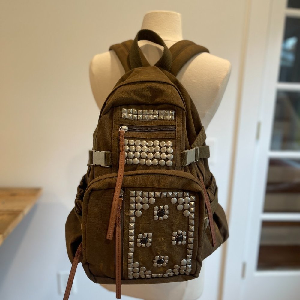Free People Berlin Studded Backpack Canvas Faded Military Army Green NWOT - Picture 4 of 13